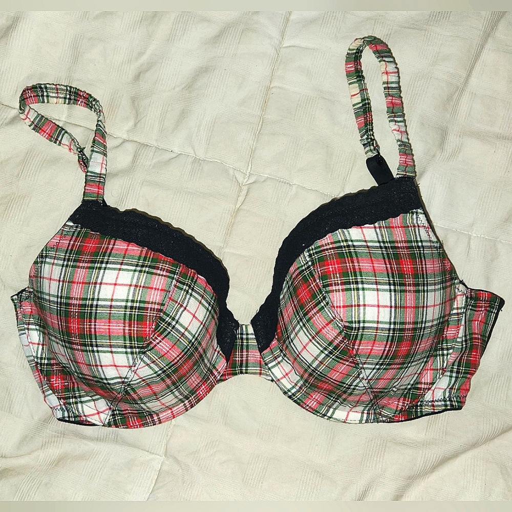 Victoria's Secret red Plaid black lace plunge underwire Demi Bra 34DD